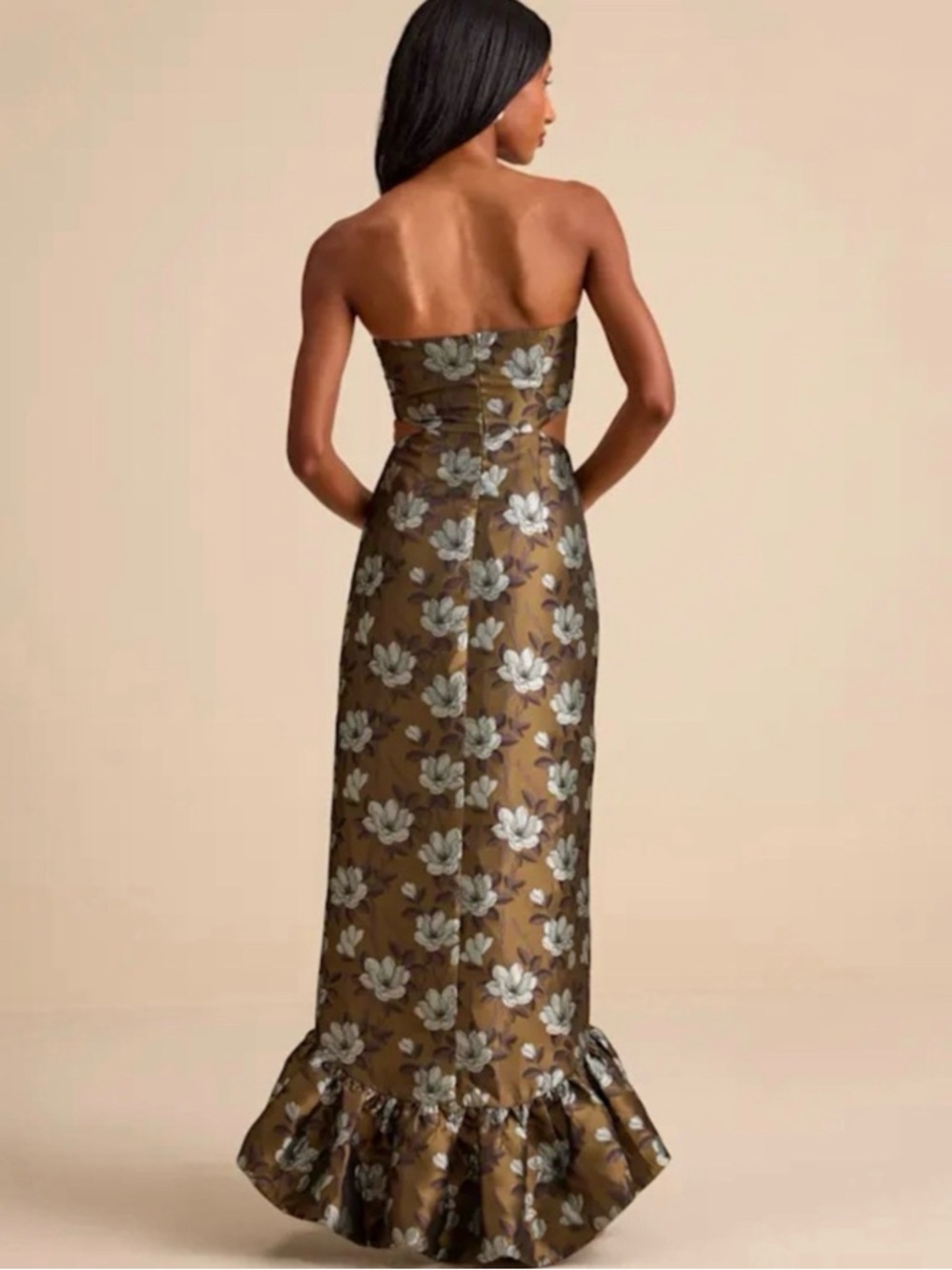 Lulu's Olive Floral Strapless Maxi Dress with Silver Flowers - Picture 3 of 3